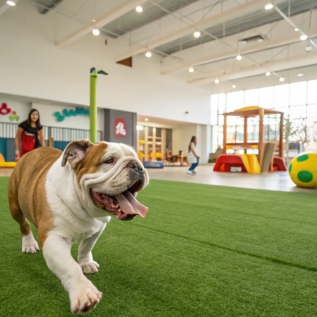 Daisy the Bulldog enjoying playtime at Merivalent Pet Hotel